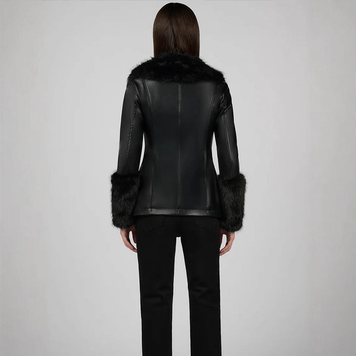 Women's Tailored Faux Leather Midi Coat with Wiener Seams, Voluminous Faux Fur Shawl Collar & Fur Cuffs Amarae