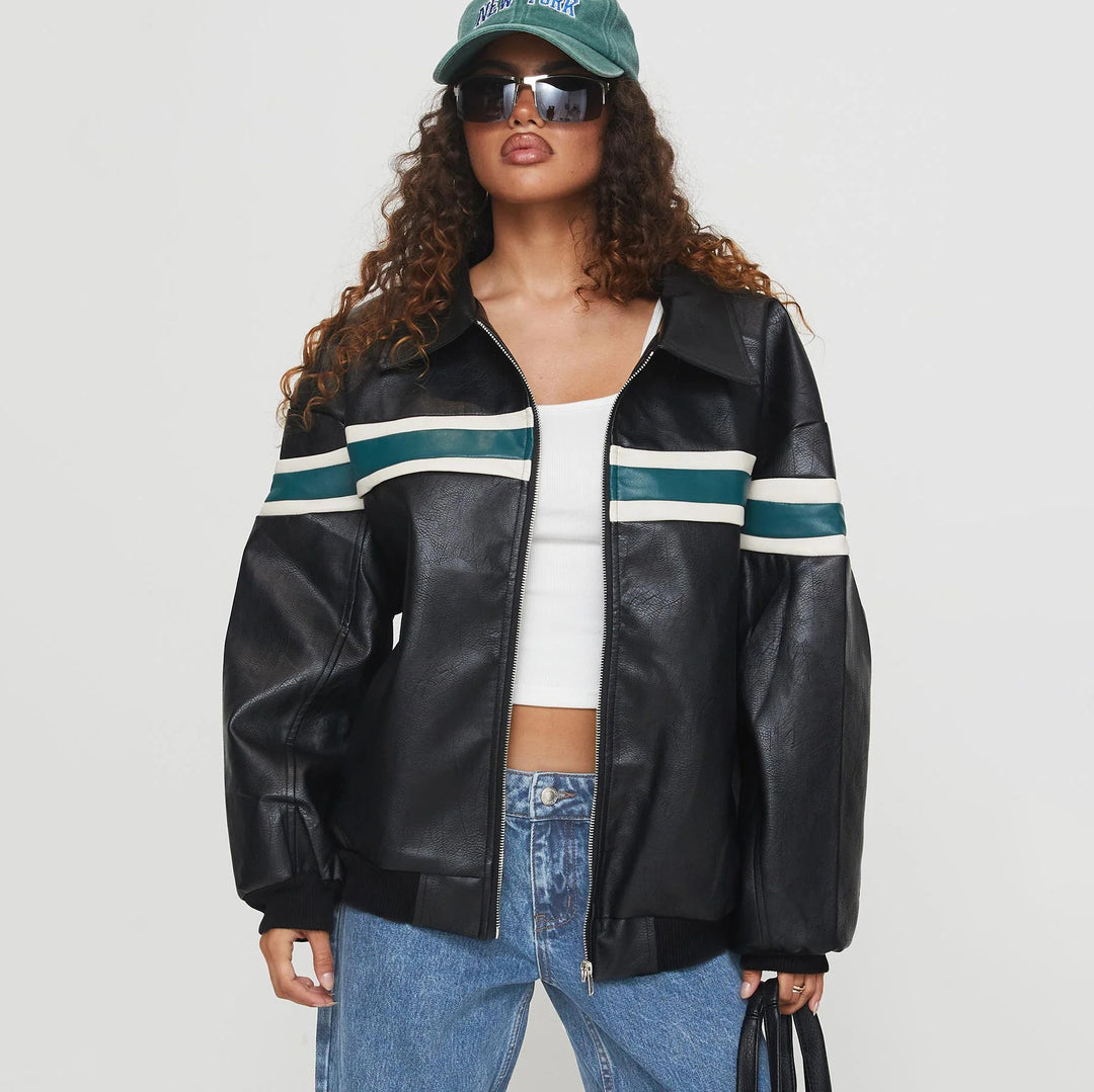 Faux leather fashion jacket for women with a sporty striped design and a relaxed fit Lune London