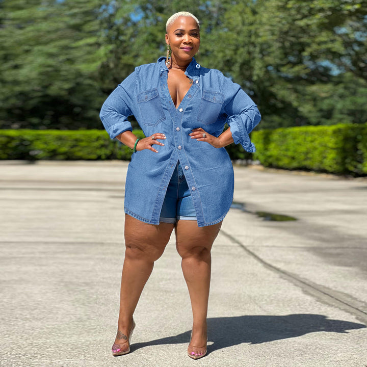 Ladies Oversized Denim Shirt Blouse in Longline Cut with Rolled Sleeves and Breast Pockets Amarae