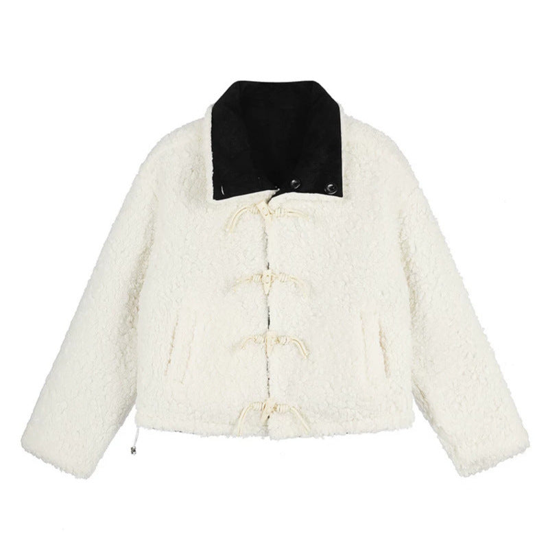 Women Short-Cut Lambskin-Look Bomber Jacket with Teddy Lining and Notched Collar Amarae