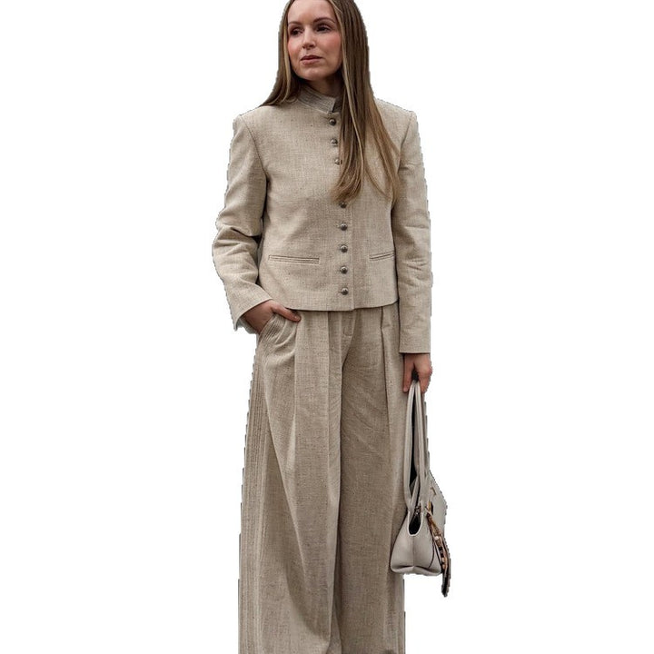 Women's stand collar jacket with metal buttons and wide pleated trousers Amarae