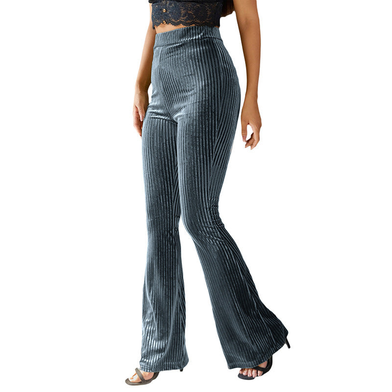Flared pants for women in velvety material with striped pattern Lune London