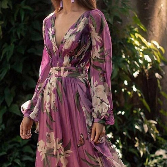 Maxi dress for women with deep V-neck, floral design and flowing skirt Lune London