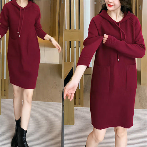 Knitted dress for women with hood and practical pockets Amarae