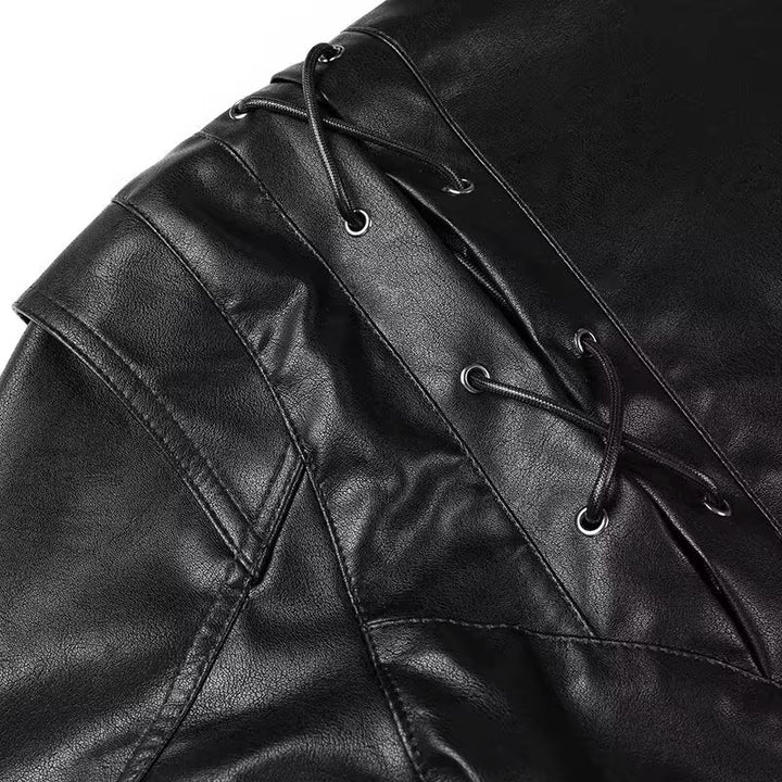Faux leather jacket for women with an elegant tie belt and refined lace details Lune London