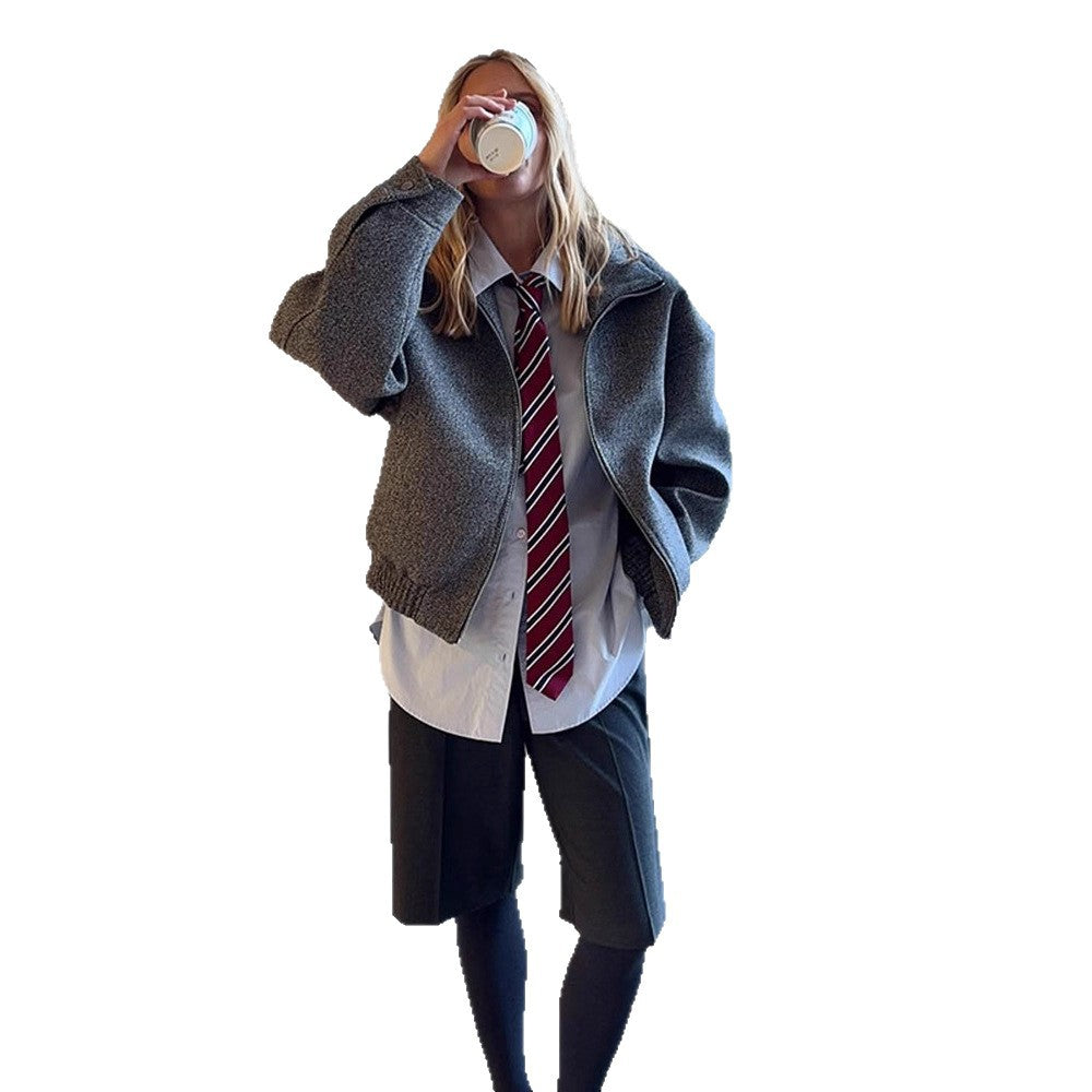Ladies short jacket in herringbone wool blend with zip and elastic hem Amarae