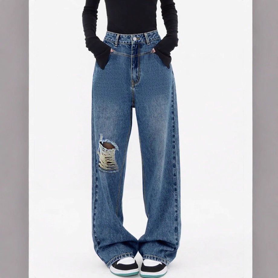 Women high-waisted oversized baggy jeans with knee rip and wide leg Amarae