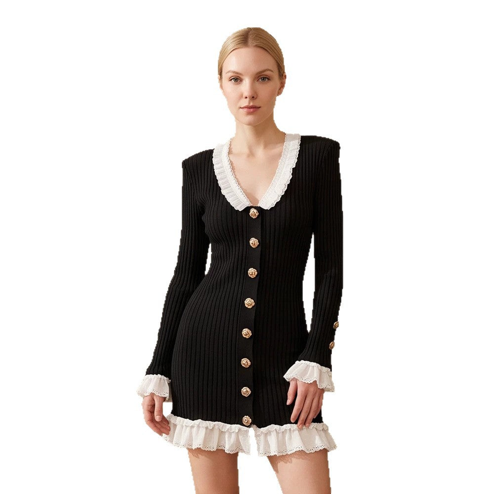 Women's Fitted Ribbed Mini Dress with V-Neck, Lace Trim, and Decorative Button Placket Amarae
