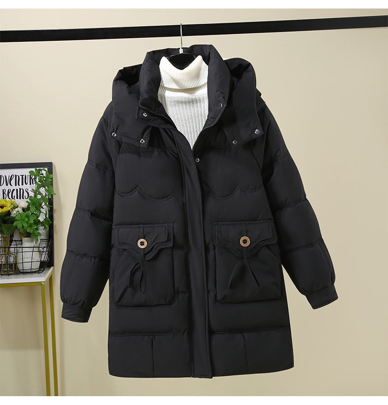 Ladies Long Puffer Jacket with practical hood collar and large pockets Lune London
