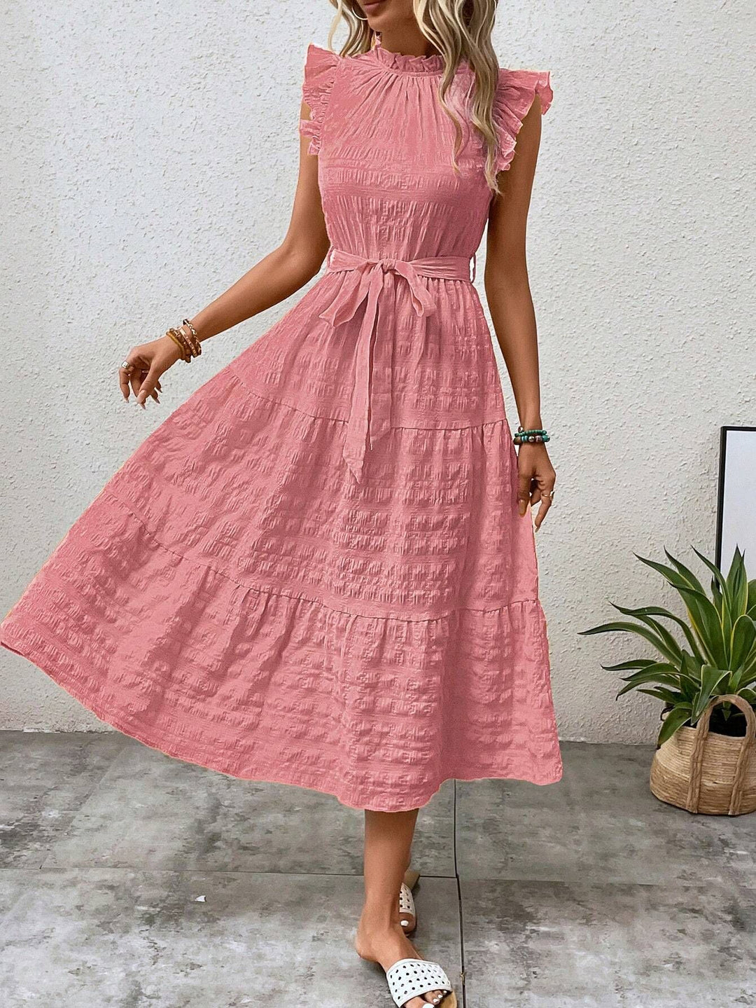 Midi dress for women with ruffled sleeves and belt at the waist Lune London