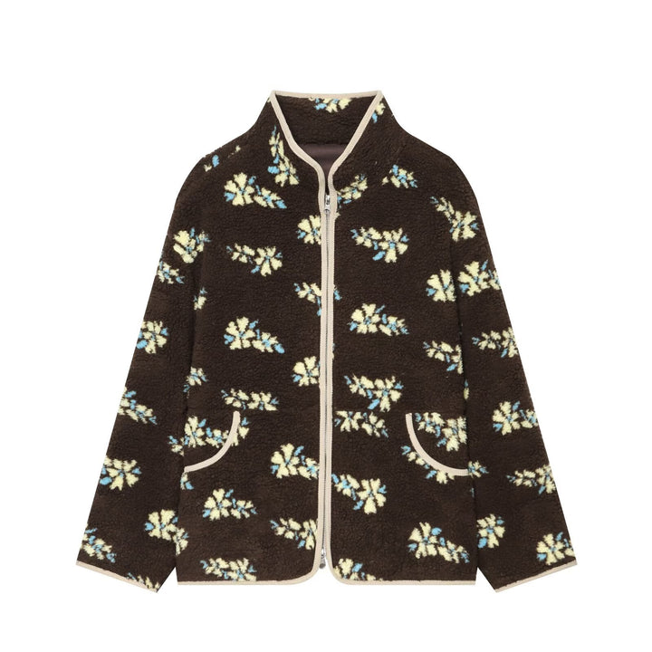 Women's teddy fleece jacket with floral allover pattern, stand-up collar and zipper Amarae