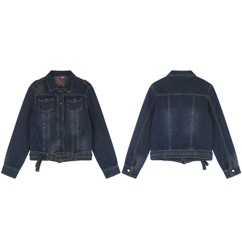 Ladies short denim jacket with waist belt, snap front and patch breast pockets Amarae