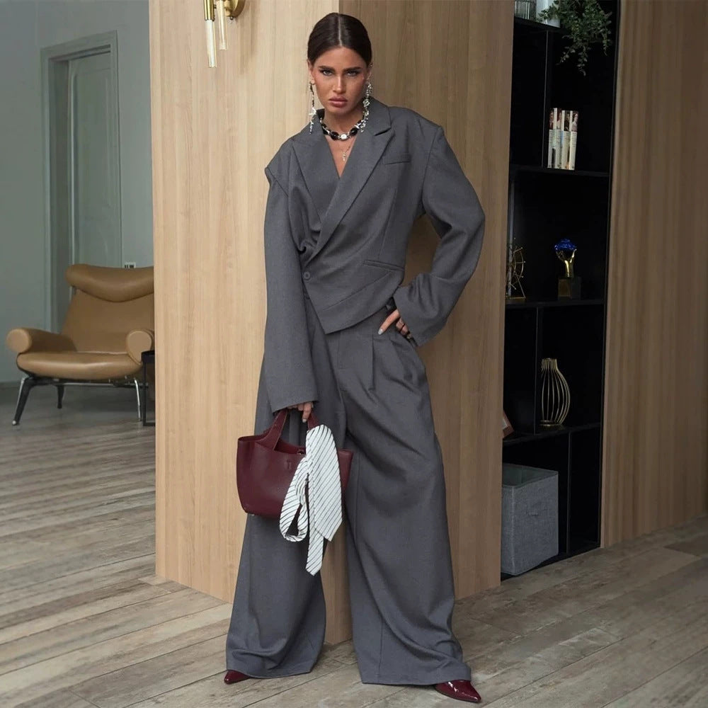 Women Oversized Blazer Set with Tailored Peplum and Pleated Midi Skirt Amarae