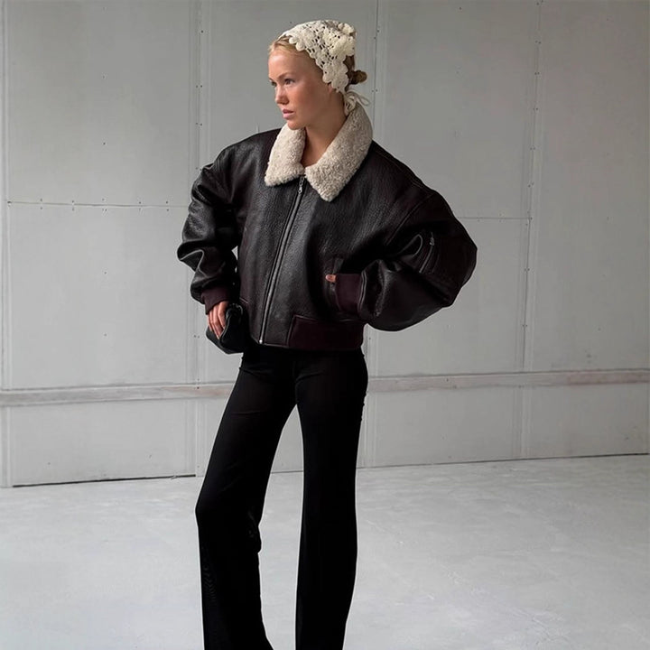 Ladies Oversized Pilot Jacket in Biker Bomber Style with Teddy Collar Amarae