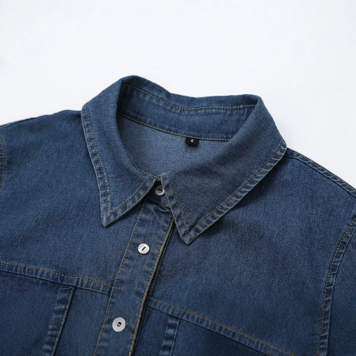 Women's Short Sleeve Denim Shirt Dress with Full Button Placket and Chest Flap Pockets Amarae