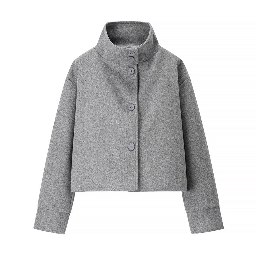 Trendy cropped transitional jacket for women with elegant high collar and practical button details Lune London