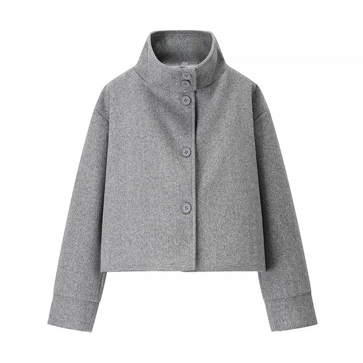 Trendy cropped transitional jacket for women with elegant high collar and practical button details Lune London
