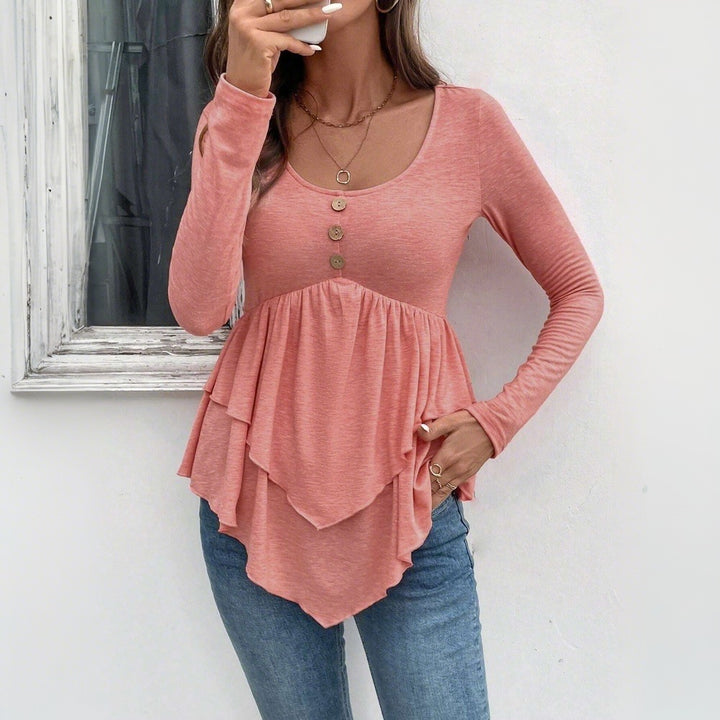 Blouse à manches longues pour femmes avec détails volantés et patte de boutonnage Chic & Stil