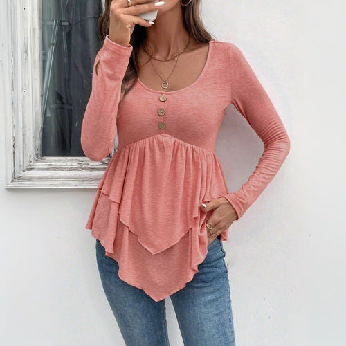 Blouse à manches longues pour femmes avec détails volantés et patte de boutonnage Chic & Stil