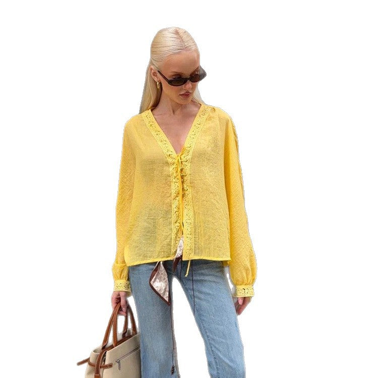 Women's Light V-Neck Lace Blouse with Tie, Pearl Detail & Volume Sleeves Amarae