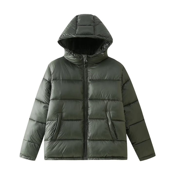 Ladies quilted winter down jacket with hood and practical entry pockets Lune London