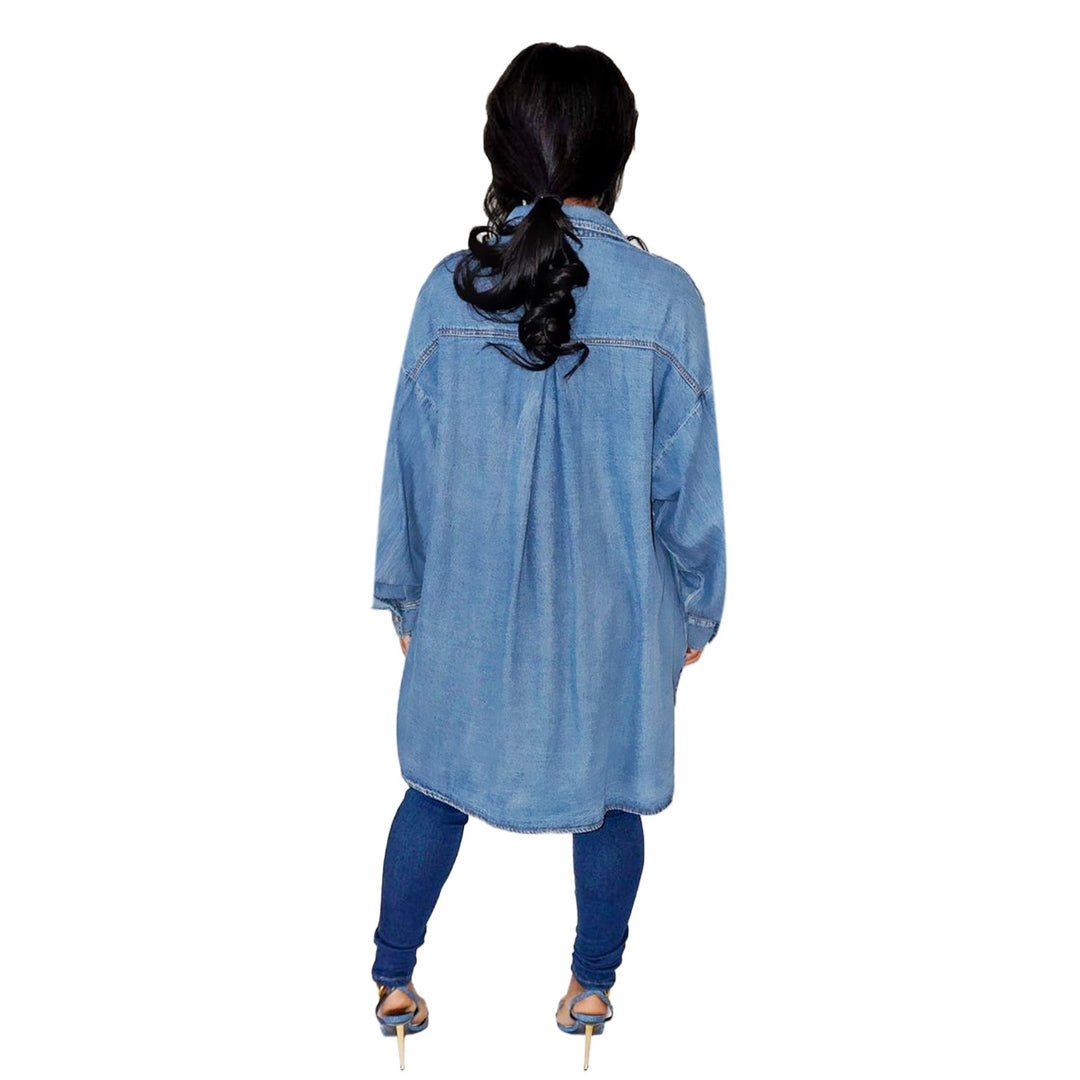 Women's Oversized Denim Shirt Jacket with Flap Pockets and Extended Cut Amarae