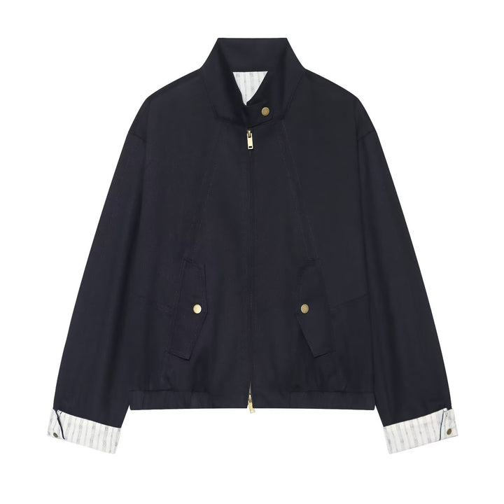 Women's Cropped Boxy Field Jacket with Stand-Up Collar, Patch Pockets and Golden Details Amarae