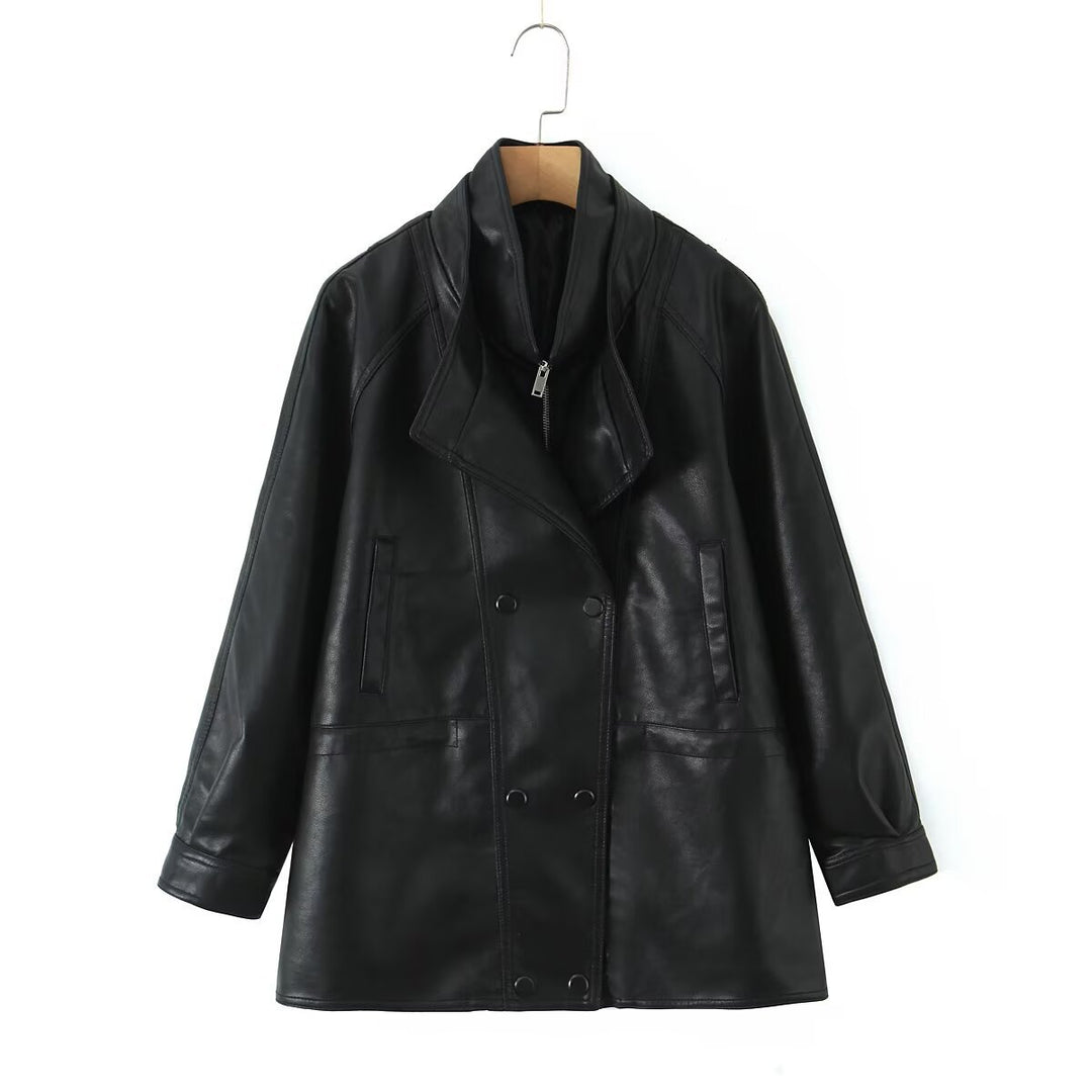 Faux leather jacket for women with large lapels and practical pockets Lune London