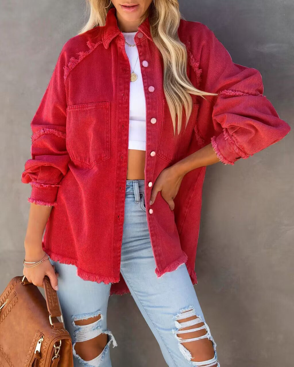 Plus size denim jacket for women with frayed details Lune London