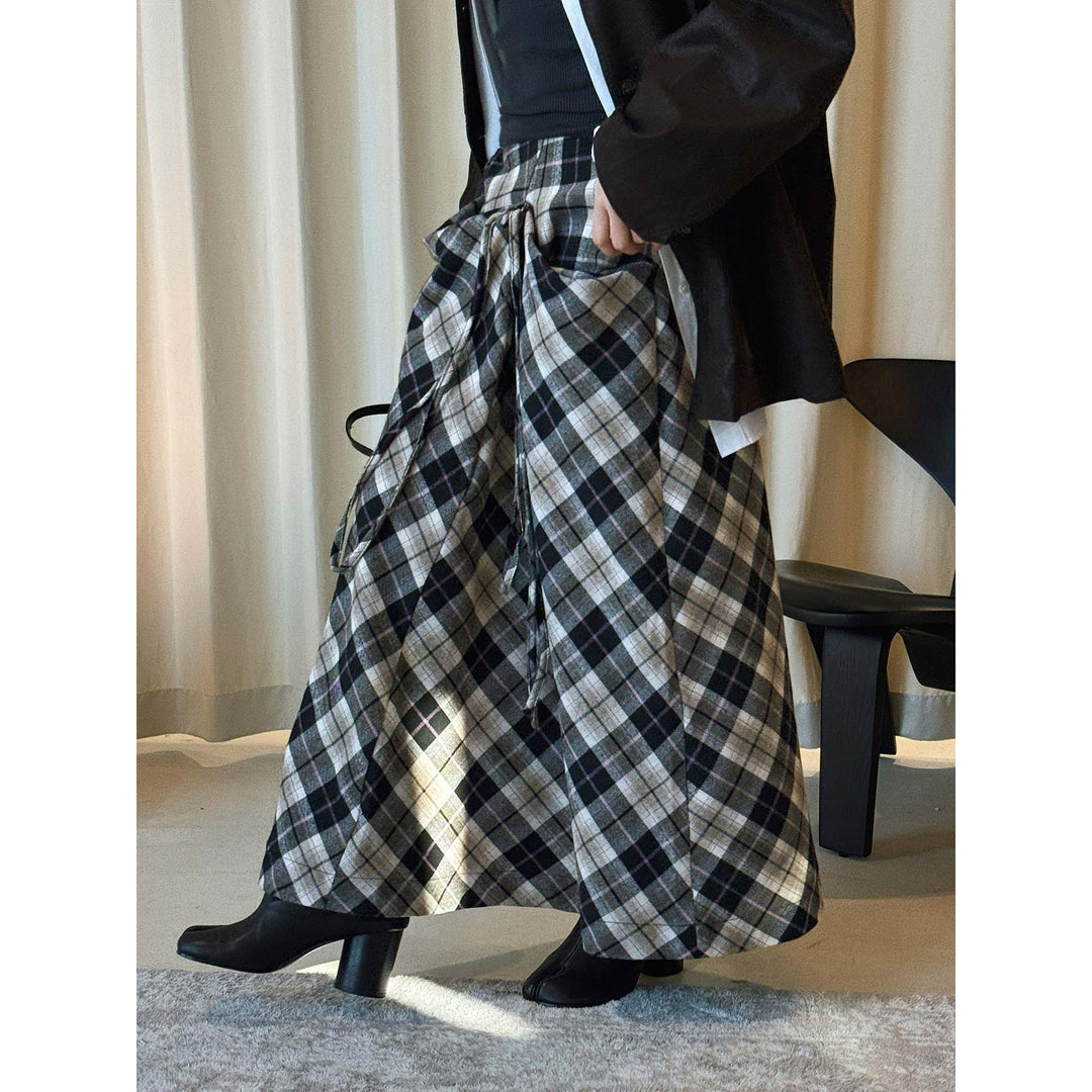 Women's Wide Checked Maxi Skirt with Drawstring and Layered Ruffles Amarae