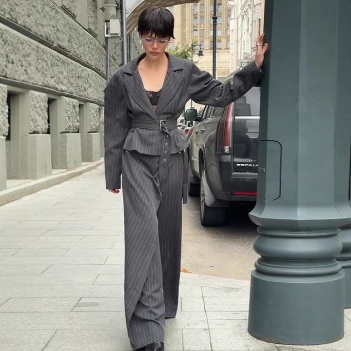 Women's Tailored Pinstriped Blazer with Shoulder-Emphasizing Balloon Sleeves and Waist Belt Amarae