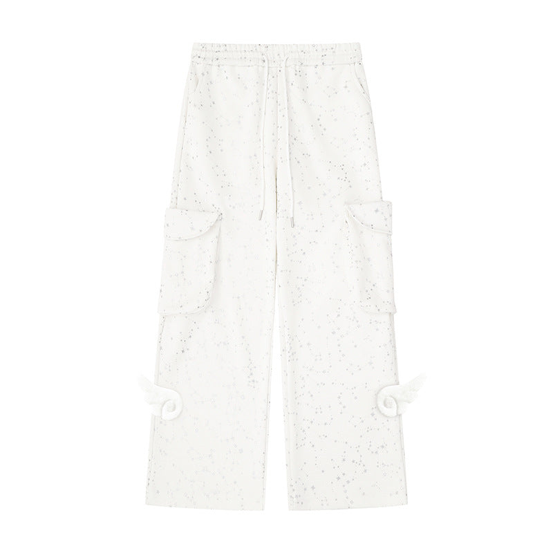 Women's Extra Wide Cargo Palazzo Sweatpants with Drawstring Waistband and Decorative Wing Appliqués Amarae