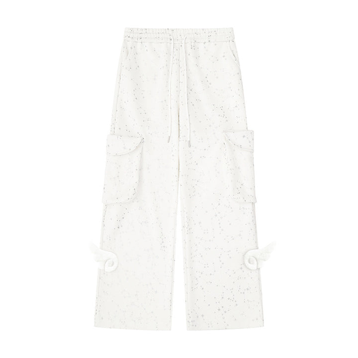 Women's Extra Wide Cargo Palazzo Sweatpants with Drawstring Waistband and Decorative Wing Appliqués Amarae