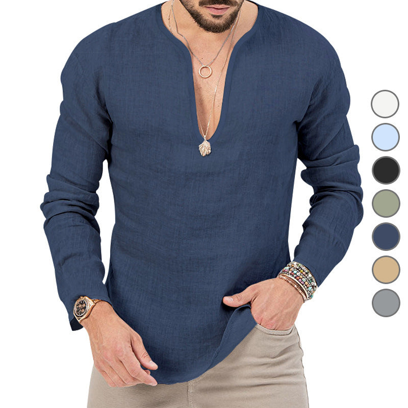 Men's casual linen shirt with deep V-neck and comfortable fit Lune London