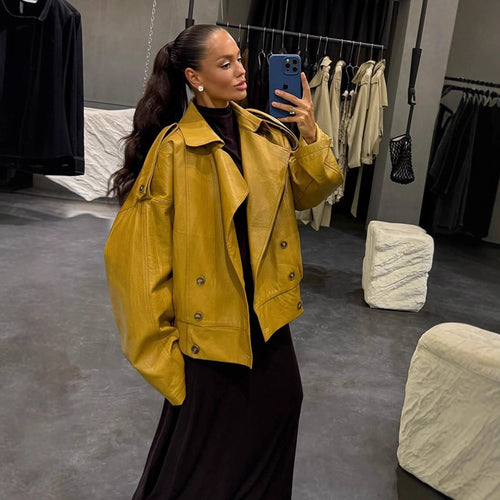 Women Oversize Leather Jacket with Voluminous Balloon Sleeves and Short Boxy Silhouette Amarae