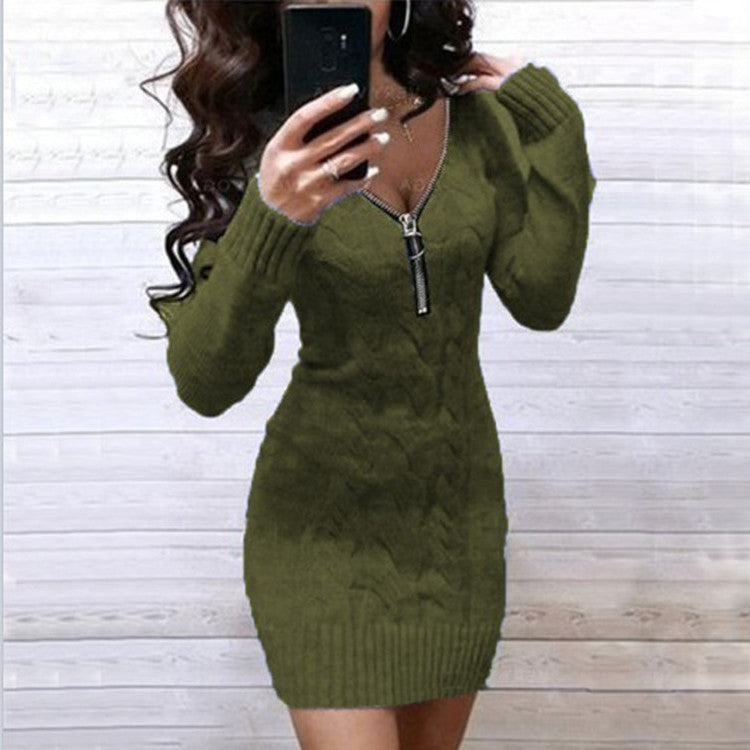 Ladies Knit Dress with Zipper and Cable Pattern Lune London