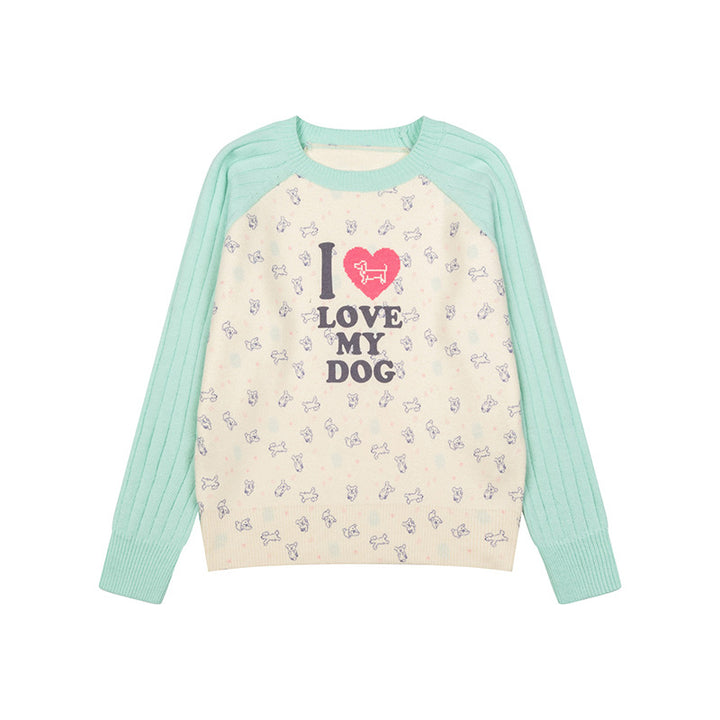 Women's knitted raglan sweater with heart dog motif, ribbed sleeves and all-over print Amarae