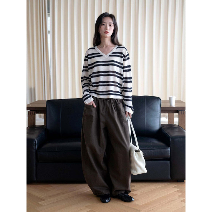 Women Casual V-Neck Striped Fine Knit Oversized Long Sleeve Top