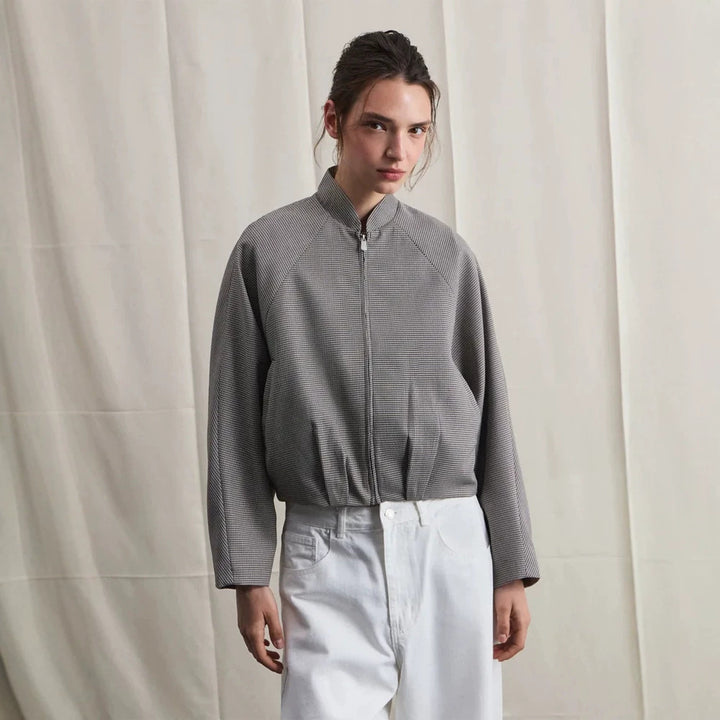 Women's short bomber jacket with raglan sleeves, stand-up collar, and fine houndstooth pattern Amarae
