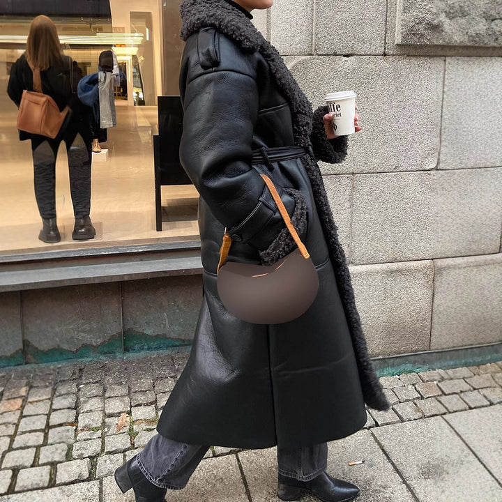 Synthetic leather coat for women with known collar and belt Lune London