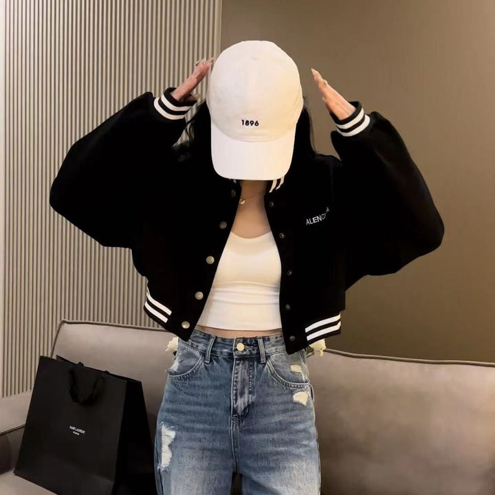 Women's casual cropped bomber jacket with contrasting stripes and snap buttons Lune London