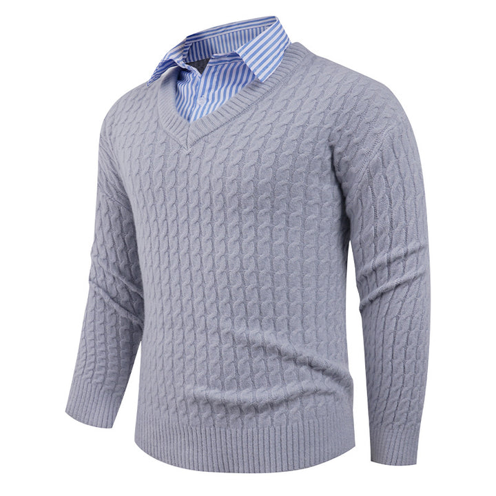 Men's knitted sweater with cable knit pattern and V-neck Lune London