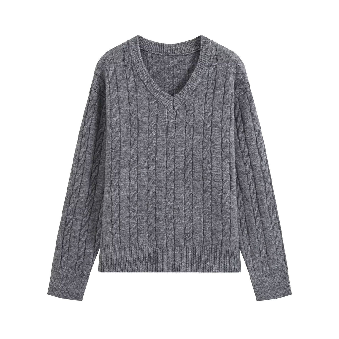 Women's Oversize Cable Knit Sweater with V-Neck and Wide Ribbed Cuff Amarae