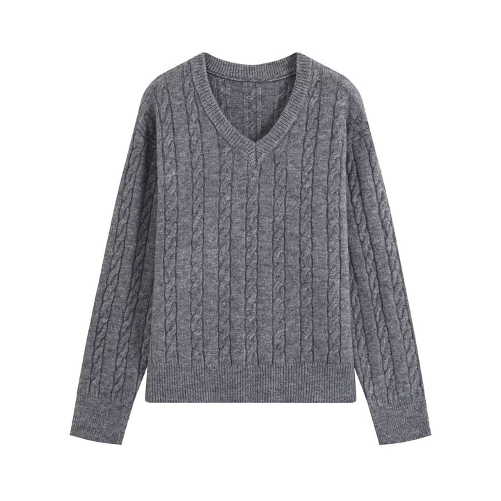 Women's Oversize Cable Knit Sweater with V-Neck and Wide Ribbed Cuff Amarae
