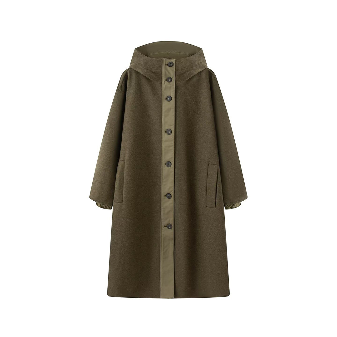 Ladies Oversized Coat with High Stand-up Collar and Continuous Button Placket Amarae