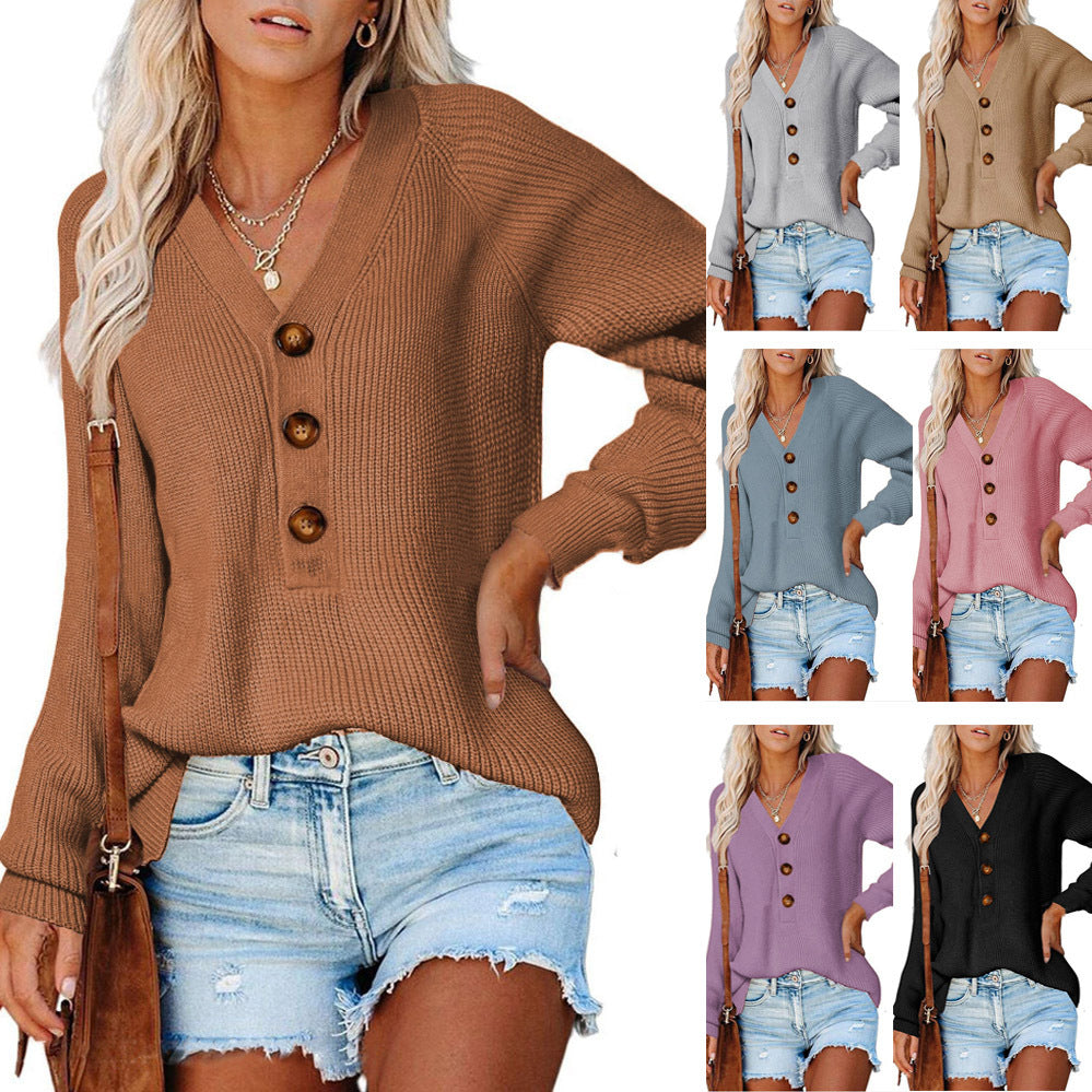 Knit sweater for women with deep V-neck and large wooden buttons Lune London