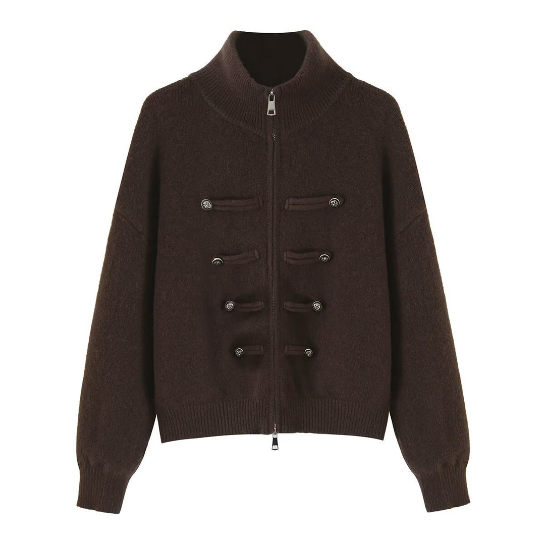 Ladies cardigan with stand-up collar, zipper and decorative knot trims Amarae