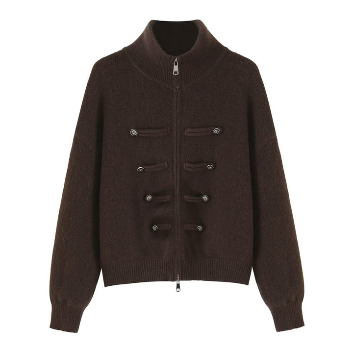 Ladies cardigan with stand-up collar, zipper and decorative knot trims Amarae