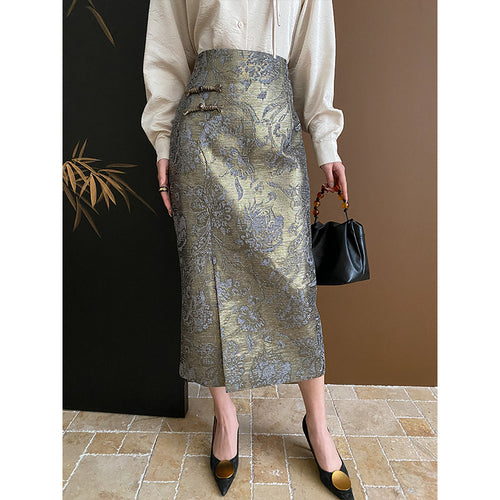 Women's Elegant Midi Skirt with Floral Motifs and Side Slit Chic & Stil