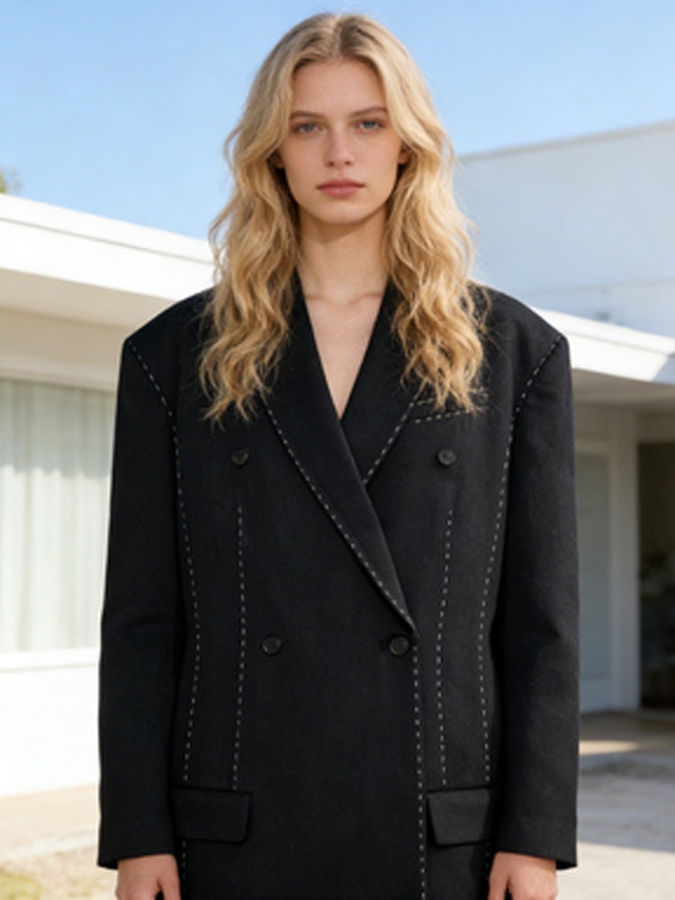Women's Double-Breasted Oversized Blazer Coat with Distinctive Shoulder Area & Decorative Stitching Amarae